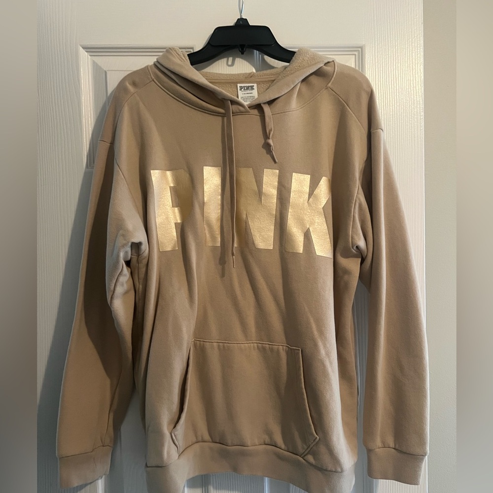 VS Pink sweatshirt, gold with foil gold wording